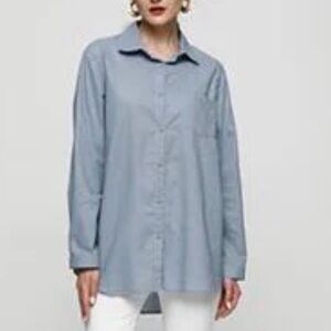 Minibee Women's Blue Button-Up High-low Cotton Linen Blouse